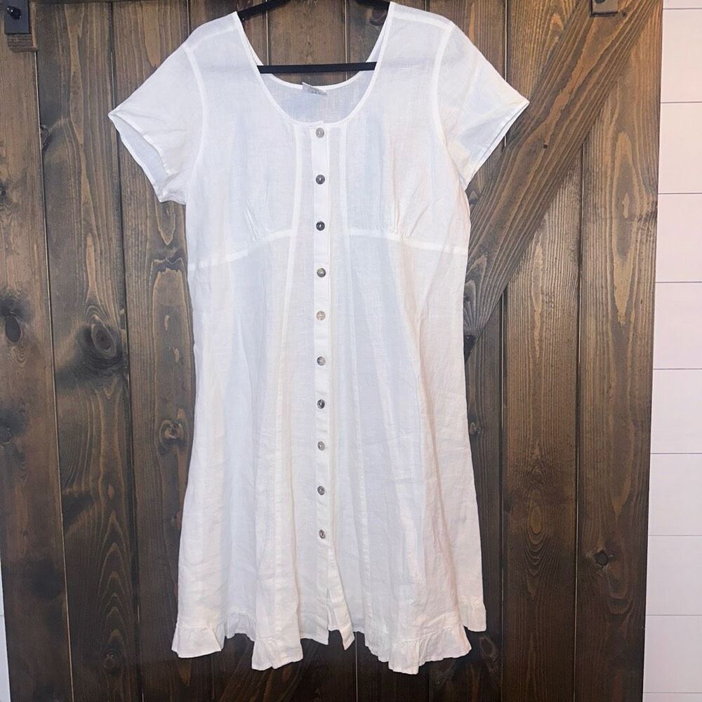 Click White Linen Button-Front Midi Dress